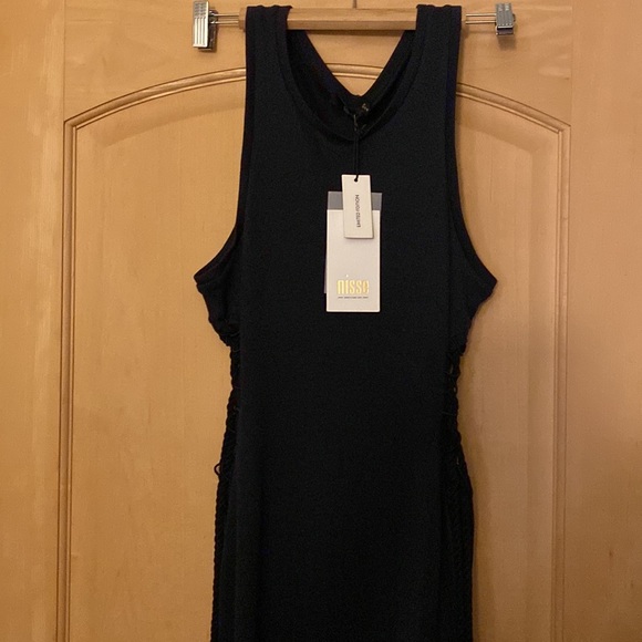 NWT NISSE Elbise Dragon maxi slit tank Dress side lace cutout ropes Navy Blue - Picture 9 of 17
